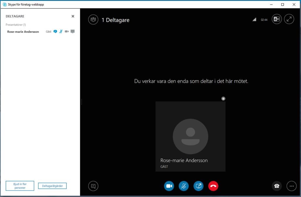 Delta i Skype-möte Mötesbilden kan se lite olika ut beroende på vilken dator eller platta du använder. 1 1. Du ser deltagarna i lista till vänster.