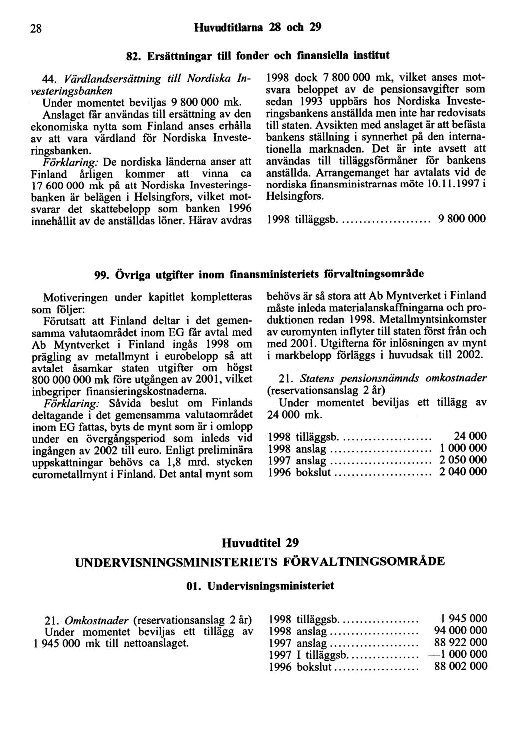 28 Huvudtitlarna 28 och 29 82. Ersättningar till fonder och finansiella institut 44. Värdlandsersättning till Nordiska Investeringsbanken Under momentet beviljas 9 800 000 mk.