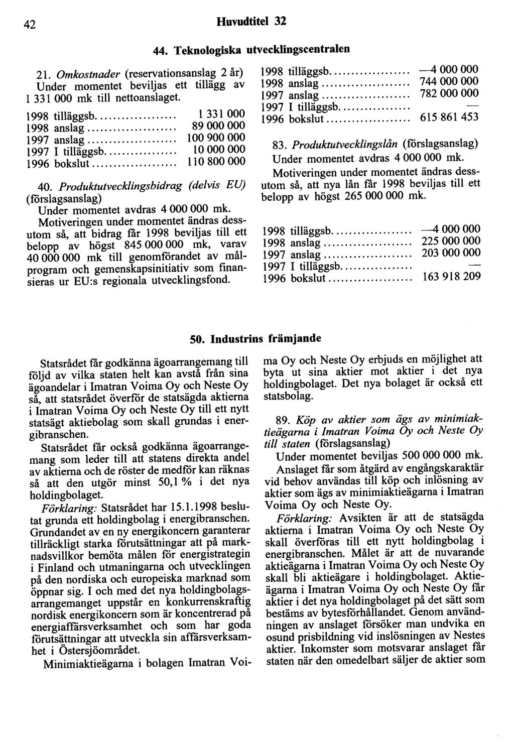 42 Huvudtitel 32 44. Teknologiska utvecklingscentralen l 331 000 mk till nettoanslaget 1997 I tilläggsb.... 1 331 000 89 000 000 100 900 000 lo 000 000 110 800 000 40.