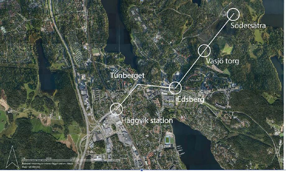 (Bild: Sollentuna kommun) Föreslagen sträckning mellan Häggvik och Södersätra är cirka 3 kilometer lång med 4 stationer för på- och avstigning.