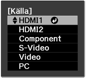 Starta och stoppa projektion Om inte bilden visas som den ska Välj en signalkälla med hjälp av fjärrkontrollen eller projektorns kontrollpanel om fler än en signalkälla har anslutits, eller om inte