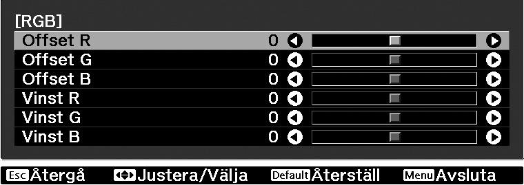 Avancerad färgjustering RGB-justering (Offset, Vinst) Du kan justera bildens ljusstyrka genom att justera respektive komponent (dvs.