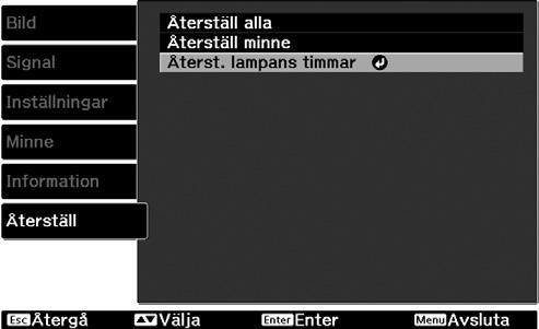 Underhåll Återställa lampans driftstid Lampans driftstid måste alltid återställas efter att lampan har bytts ut.