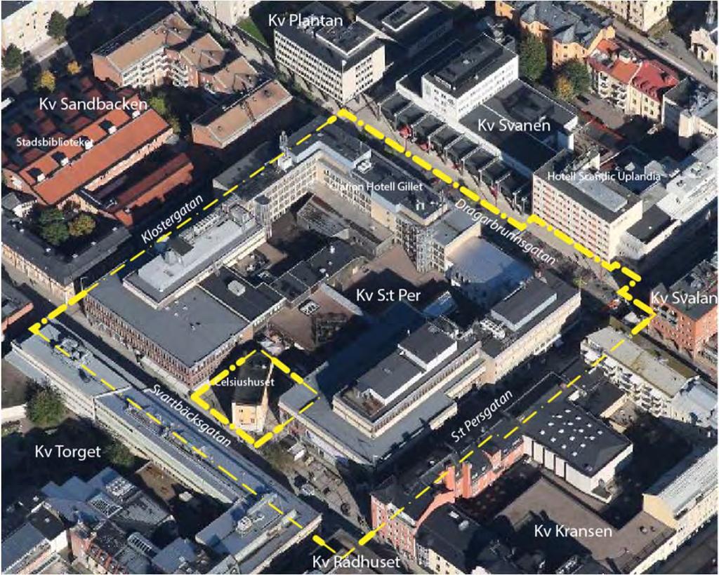 Ortofoto med planavgränsning Allmän områdesbeskrivning Stadsbild och bebyggelse Förutsättningar Planområdet ligger inom Uppsalas stadskärna och gränsar till Dragarbrunnsgatan och Svartbäcksgatan.