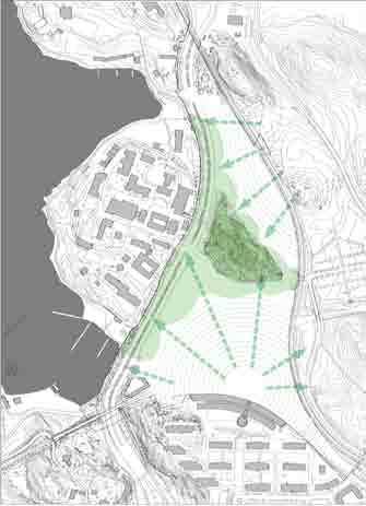 STADSPLANEPRINCIPER Topografin moduleras Topograin i Albanoområdet karaktäriseras av Kräftrikets udde som tränger ut i Brunnsviken med sin småskaliga tegelbebyggelse.