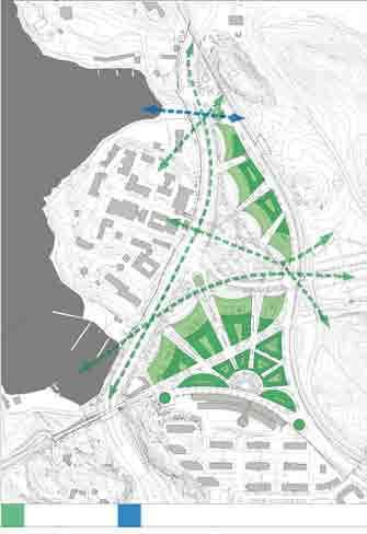 Campus platå med takterrasser Från det högt belägna Albanovägen - campusområdets övre nivå - nås de utbredda takterrasserna som öppnar sig mot landskapet med Brunnsviken, Kräftriket och Albanohöjden