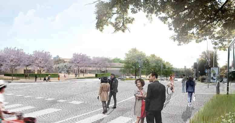 Det nya campusområdet kommer att öppna sig mot Roslagsvägen med gröna förgårdar som utgör det nya universitetsområdets entrérum.