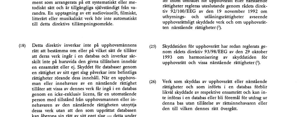 27 3 96 I SV I Europeiska gemenskapernas officiella tidning Nr L 77/21 ( 13) Detta direktiv skyddar sammanställda verk, ibland kallade "samlingsverk", data eller annat material vars bearbetning,