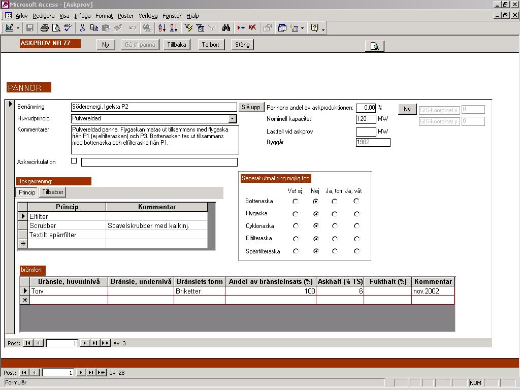 Figur 3. Figure 3. Databasens layout för en pannas uppgifter. The layout in the database for boiler information. 3.6 Sökfunktioner För användaren av databasen är det väsentligt att kunna söka genom uppgifterna och sammanställa de som är relevanta på ett sådant sätt att användarens fråga besvaras.