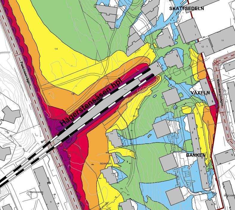 Figur 6. Maximal ljudnivå 1,5 meter över mark för tåg- och vägtrafik. Observera att dessa beräkningar inkluderar en fasadreflex och därmed inte utgör frifältsvärden.