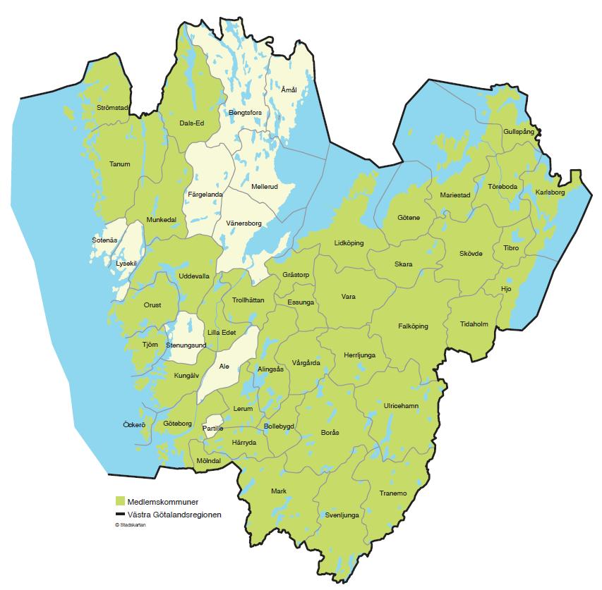 Göteborg, Götene, Hjo, Karlsborg, Lerum, Lidköping, Lilla Edet, Mariestad, Munkedal, Mölndal, Orust, Skara, Skövde, Tibro, Tidaholm, Trollhättan, Töreboda, Uddevalla, Ulricehamn, Vara och Öckerö är