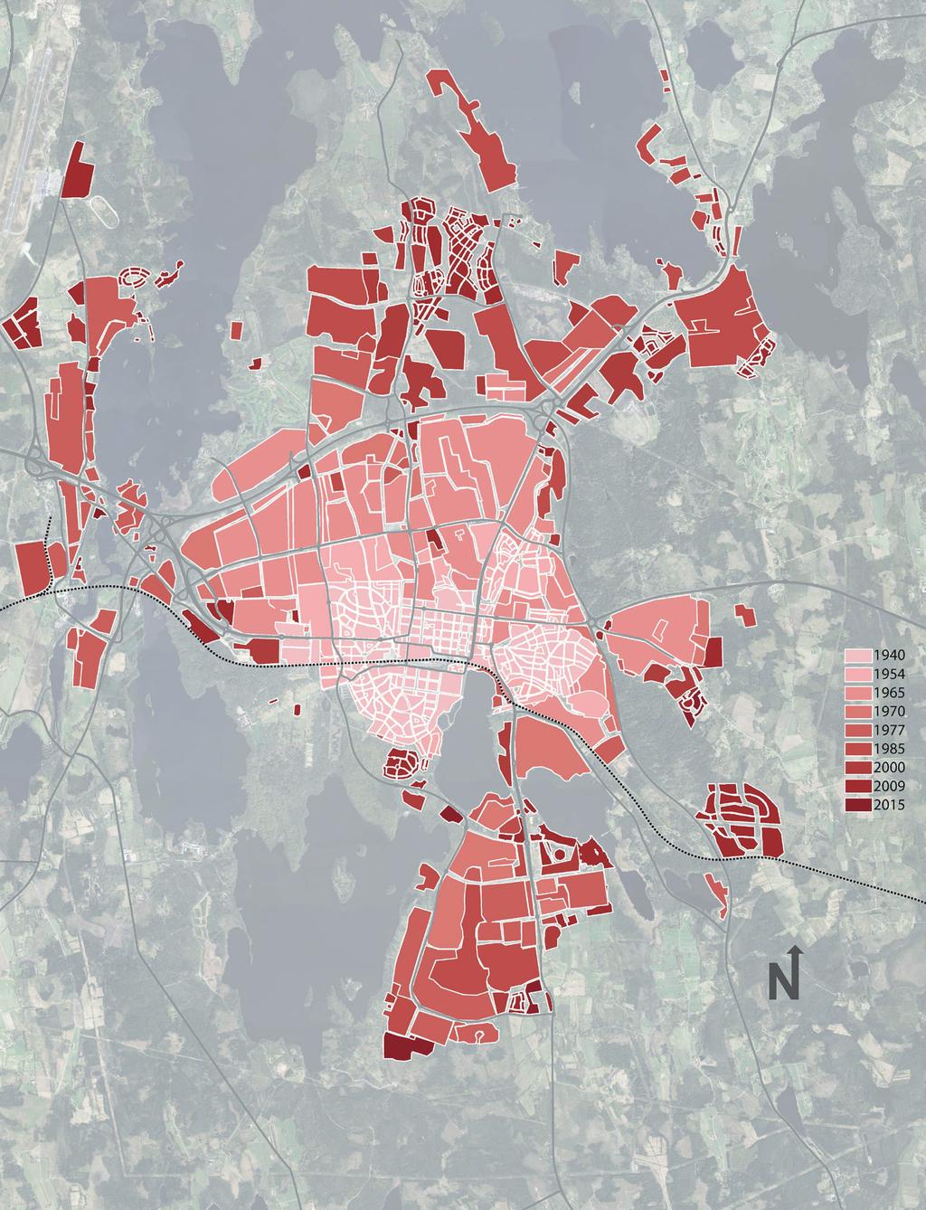 Växjö stad - ortsanalys 11 Kartan visar schematiskt hur staden vuxit från 1940-tal till