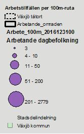 Ca 35 % av alla arbetstillfällen finns i centrum och ca 32 % finns inom Västra Mark.