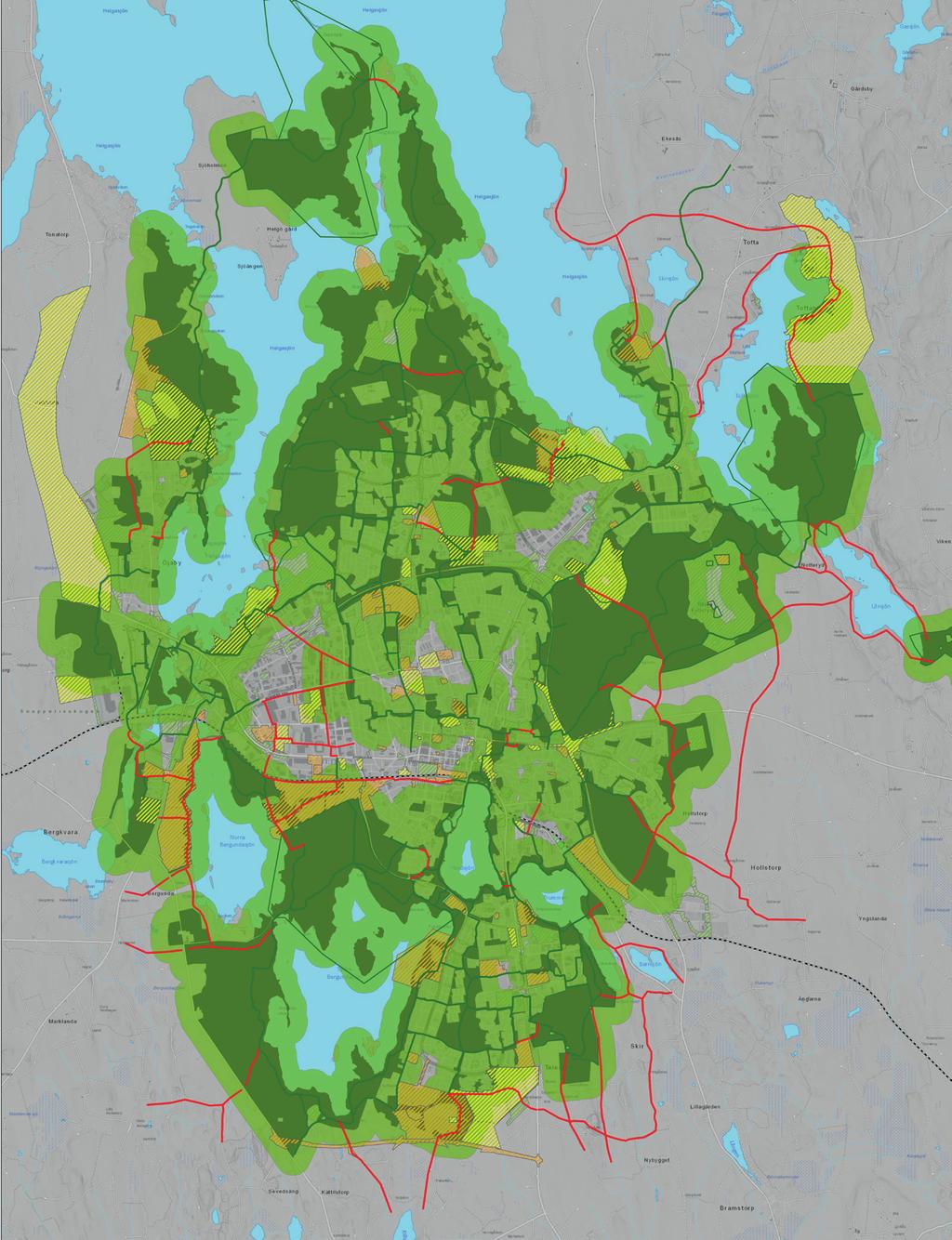 Kartan visar vilka områden som har, respektive inte har, tillgång till ett mindre grönområde inom 300 m.