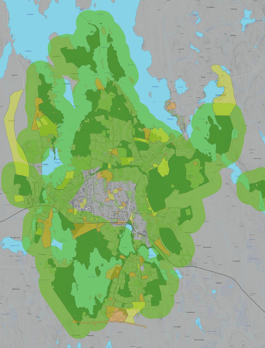 Kartan visar också hur befintliga och planerade grönstråk och grönområden ligger i förhållande till pågående