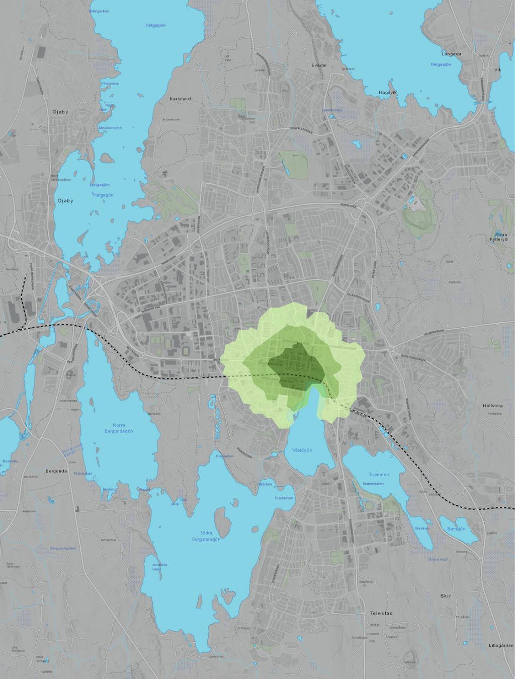 centrum med cykel på 5, 10 och 15 minuter.