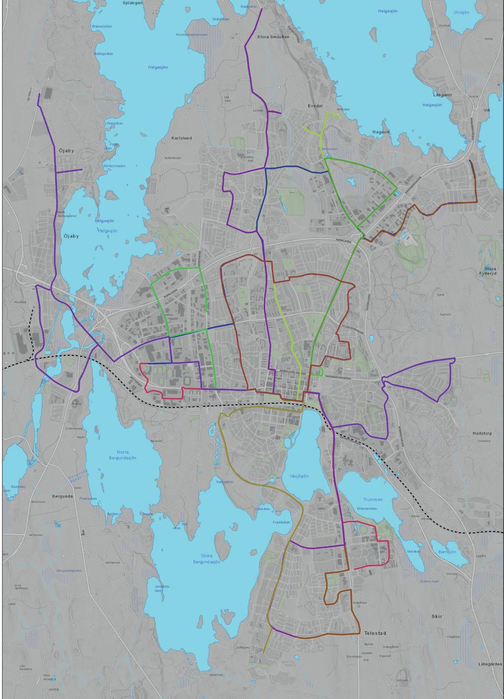 Kollektivtrafik Växjö lokalbussnät består av nio linjer varav linje 2 och 6 är en ringlinje som försörjer Norr och Araby. Linje 8 går från Samarkand väster om centrum till Sandsbro nordost om centrum.