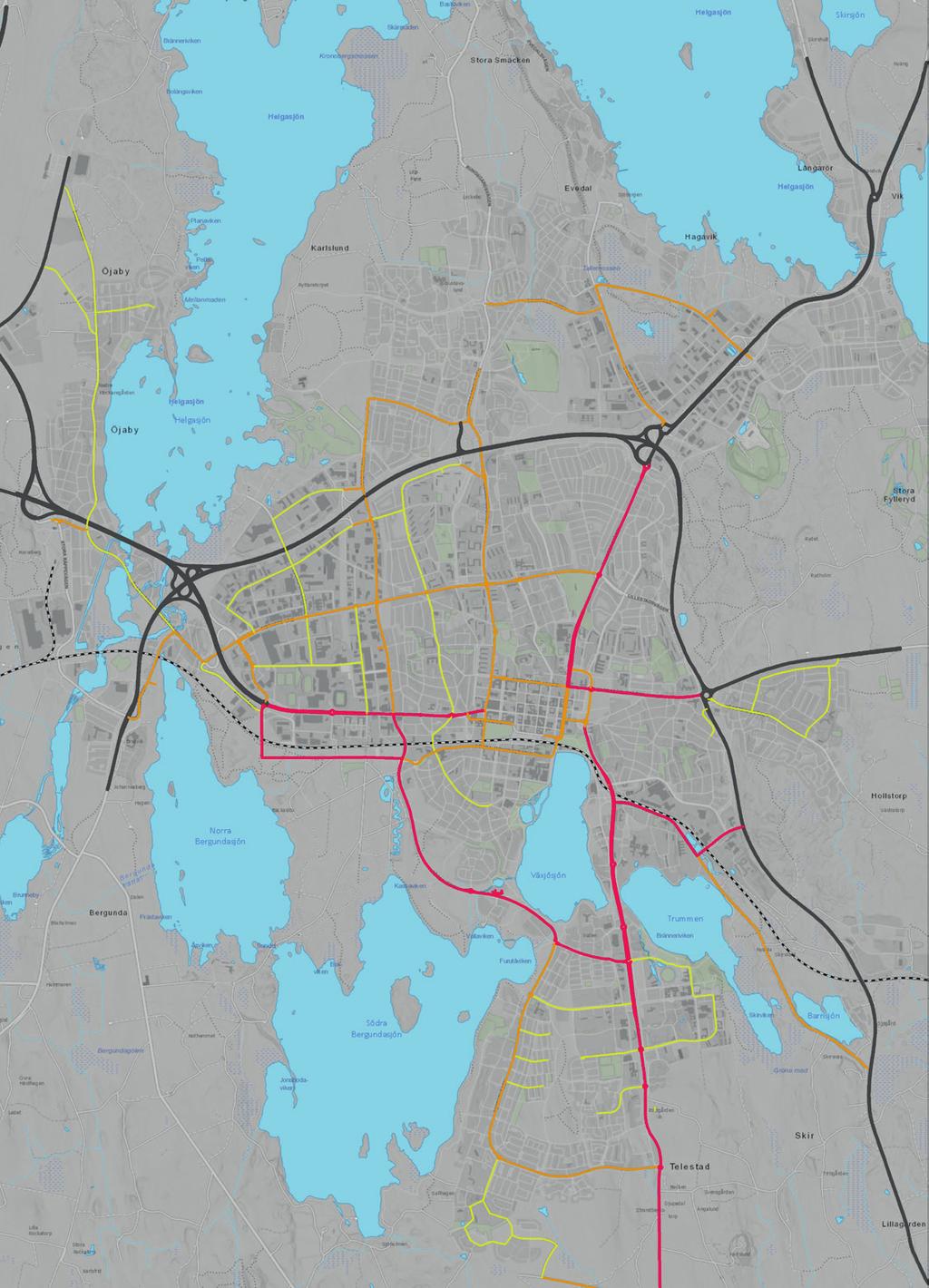 Väg- och gatunätet Trafiken i Växjö fungerar överlag bra men på en del platser och sträckningar längs gator och vägar är belastningsgraden hög.