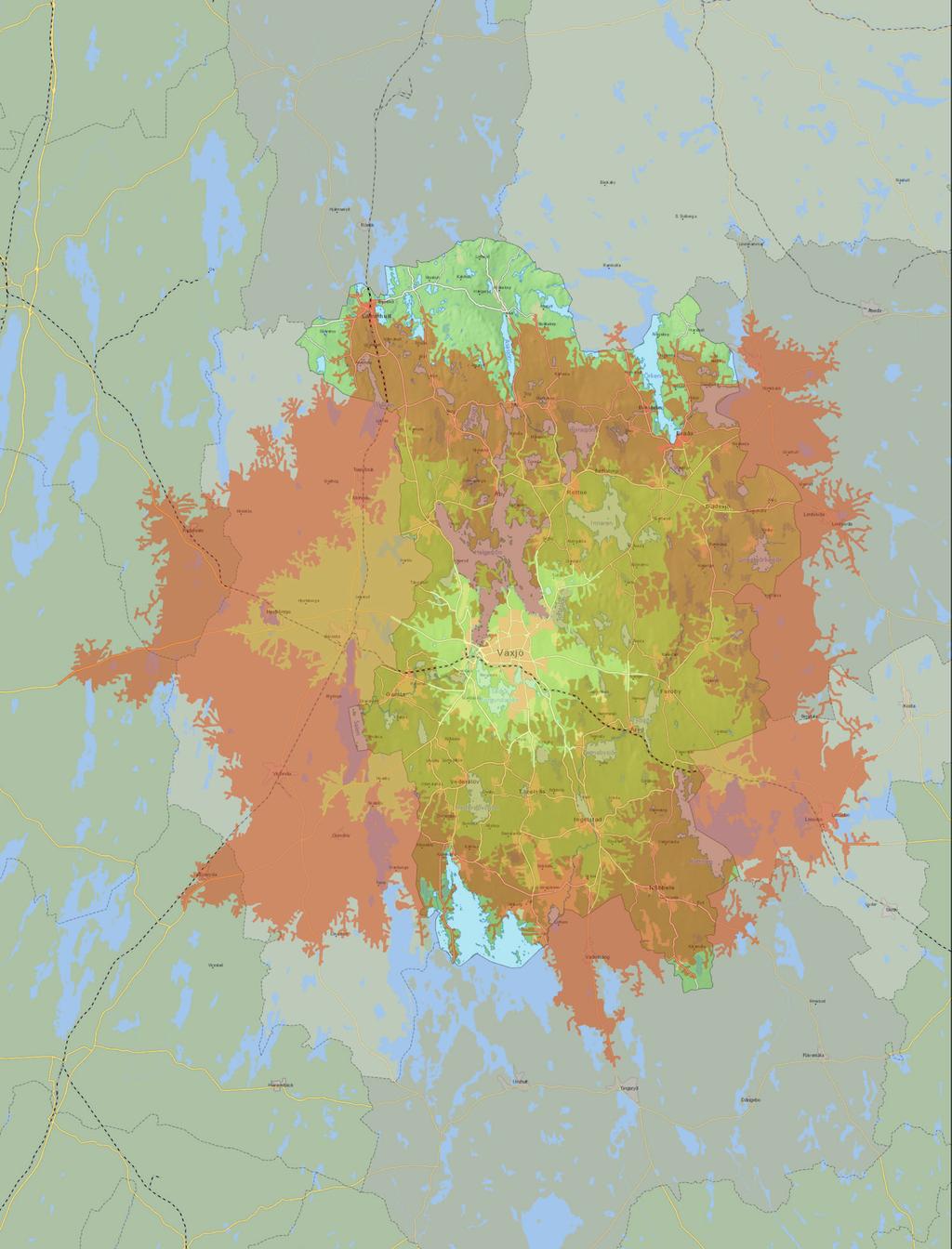 1. Läge och omland Växjö stad är en förhållandevis stor och tät stad i ett relativt glest bebyggt omland, med få större städer.