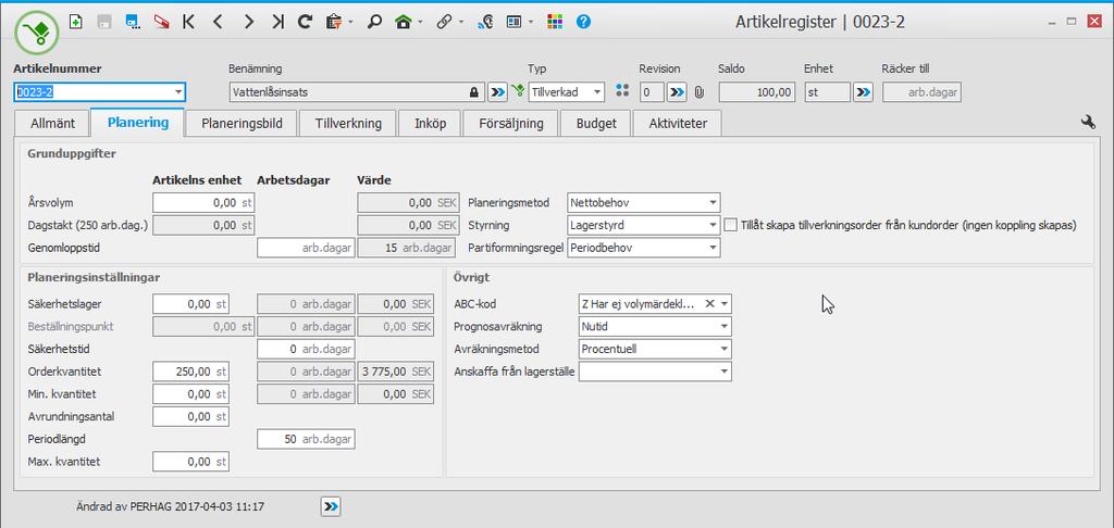 Fliken Planering Grunduppgifter Årsvolym Dagstakt Ledtid/Genomloppstid Planeringsmetod Styrning Partiformningsregel Tillåt skapa (lagerstyrd T-art.