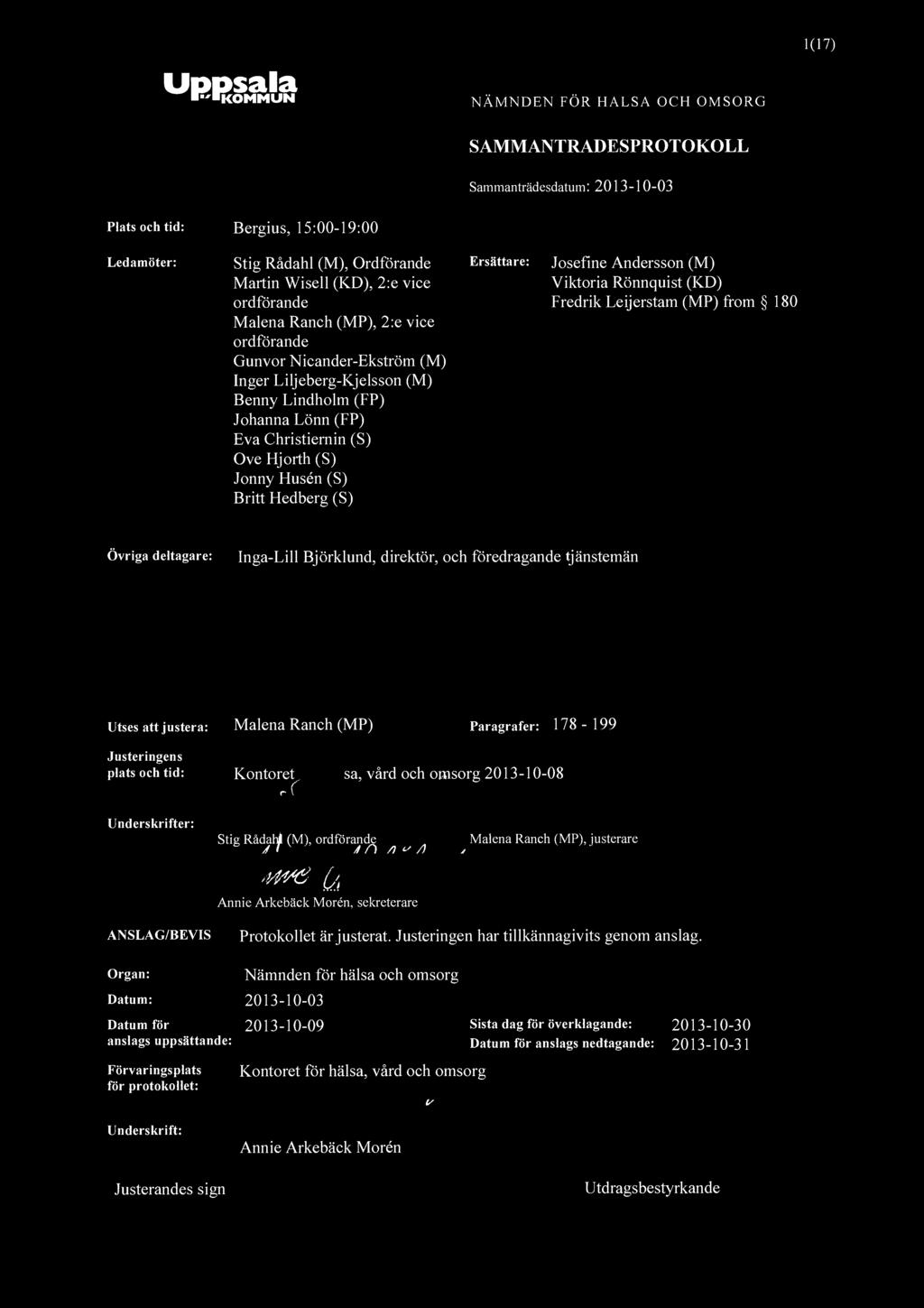 Uppsala KOMMUN NÄMNDEN FÖR HALSA OCH OMSORG SAMMANTRADESPROTOKOLL 1(17) Plats och tid: Bergius, 15:00-19:00 Ledamöter: Stig Rådahl (M), Ordförande Martin Wisell (KD), 2:e vice ordförande Malena
