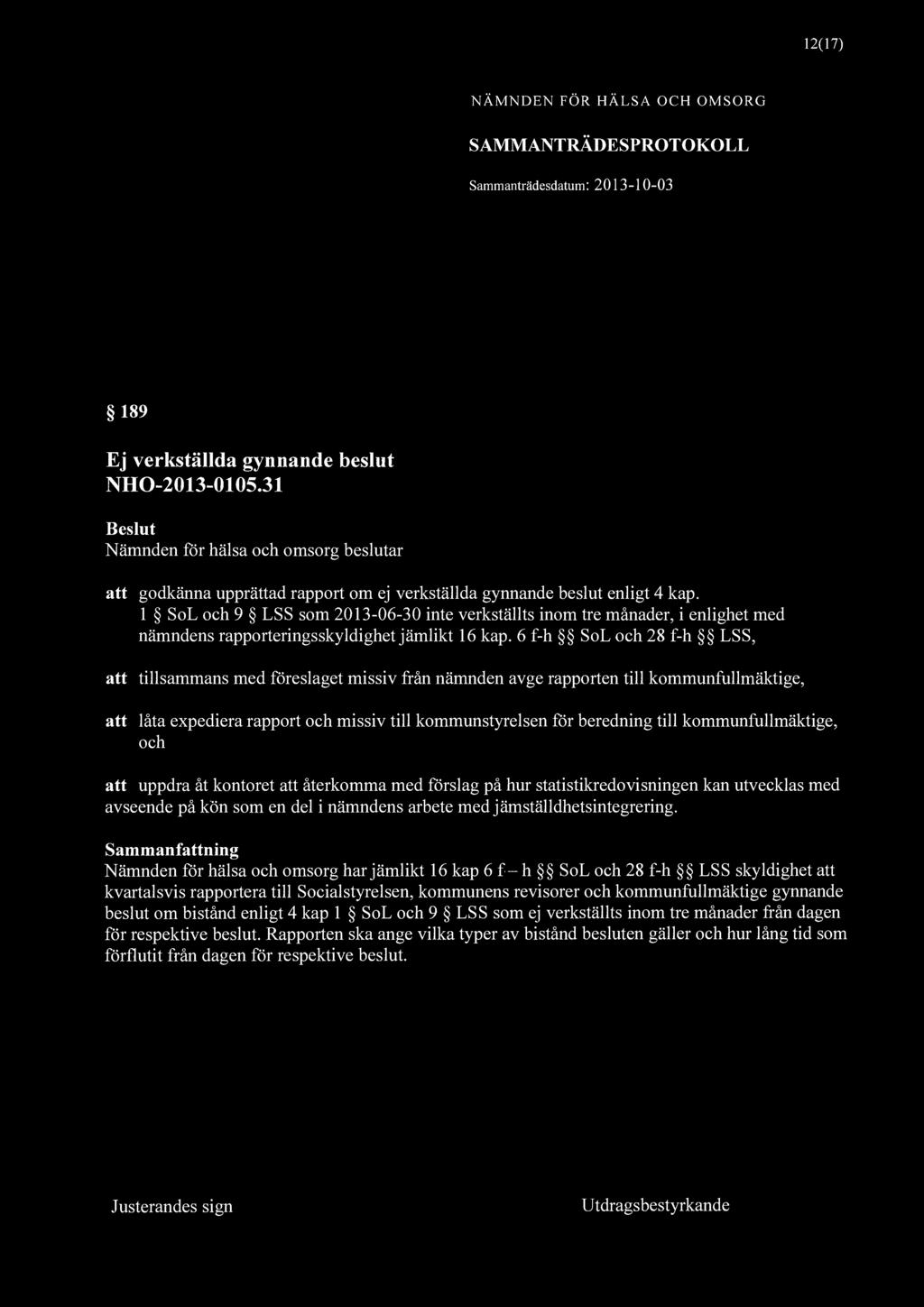 12(17) 189 Ej verkställda gynnande beslut NHO-2013-0105.31 att godkänna upprättad rapport om ej verkställda gynnande beslut enligt 4 kap.