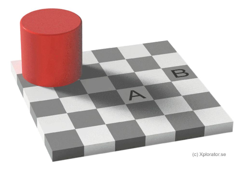 Schackbrädesillusionen Här är en illusion som de flesta tycker verkar riktigt omöjlig. Titta på schackbrädet med klossen. Jämför rutorna A och B.