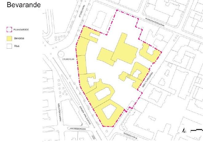 Sida 9 (14) Kvarteret Sperlingens backe bebyggelse som föreslås rivas.