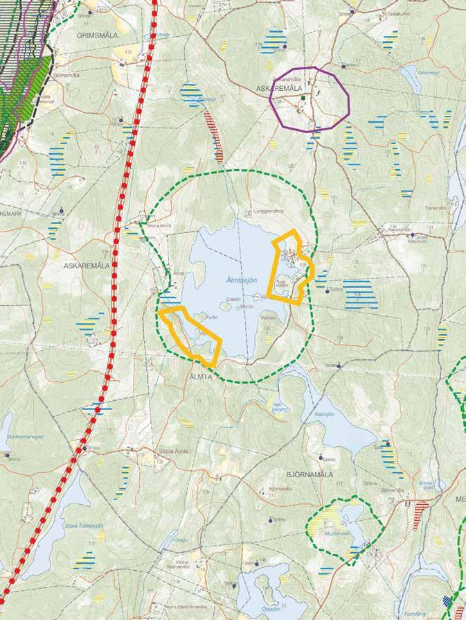 Älmtasjön, LIS-område för verksamheter markerat med mörkgul linje.