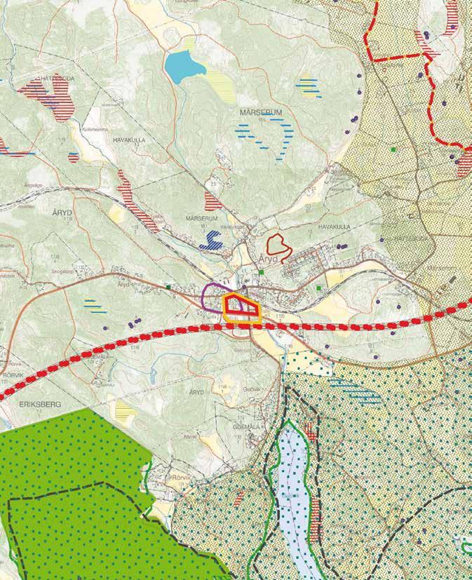 Årydsån, LIS-område för bostäder markerat med röd heldragen linje, för verksamheter