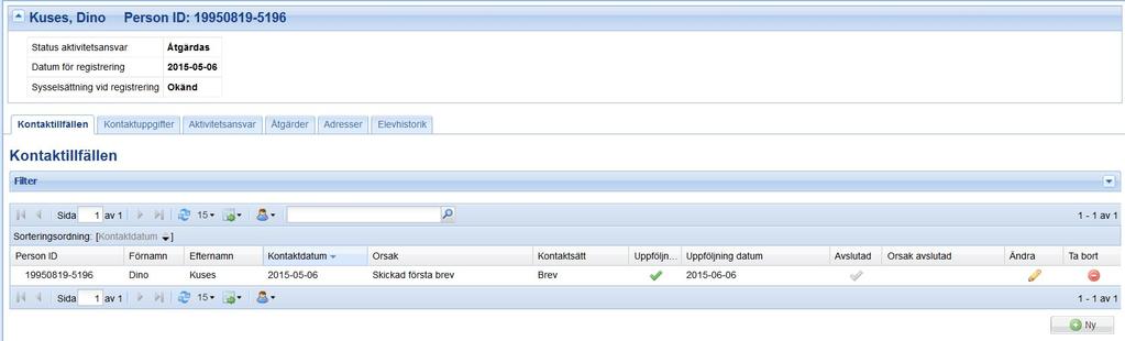 Kontakttillfällen Under fliken kontakttillfällen visas de kontakttillfällen som finns registrerade på individen. Dessa rapporteras till SCB. Här visas bara den egna kommunens kontakter med individer.