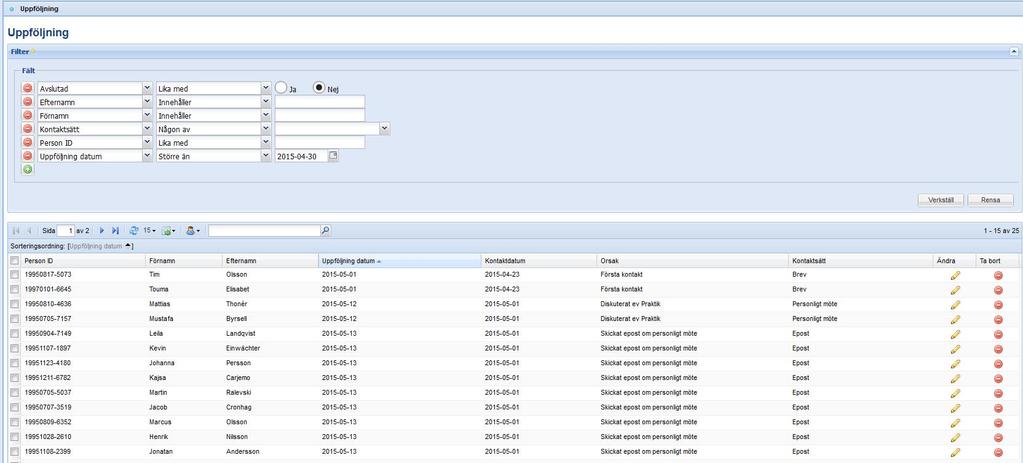 Uppföljning Under menypunkten Uppföljning listas de individer i aktivitetsansvaret som man har kontaktat och angett att man vid en viss tidpunkt ska följa upp kontakten.