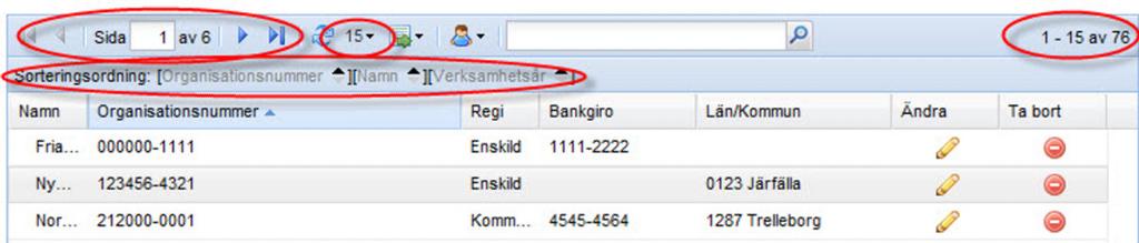 Det går även att ställa in hur många rader som ska visas på varje sida; 5, 15, 25 eller 50. 15 rader per sida är standard.