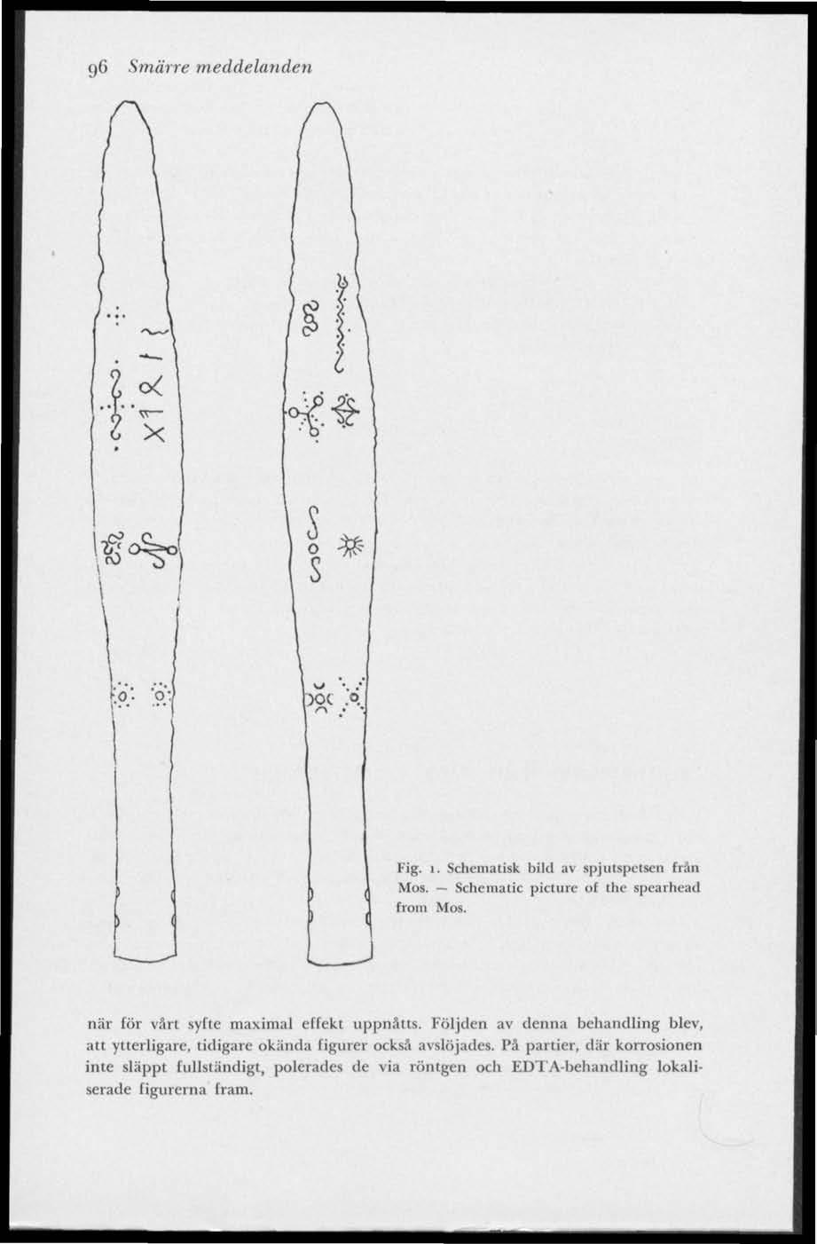 9<J Smärre meddelanden 6 X tv) \-o. o: " Fig. i. Schematisk bild av spjutspetsen från Mos. Schematic picture of the spearhead from Mos. när för vårt syfte maximal effekt uppnåtts.