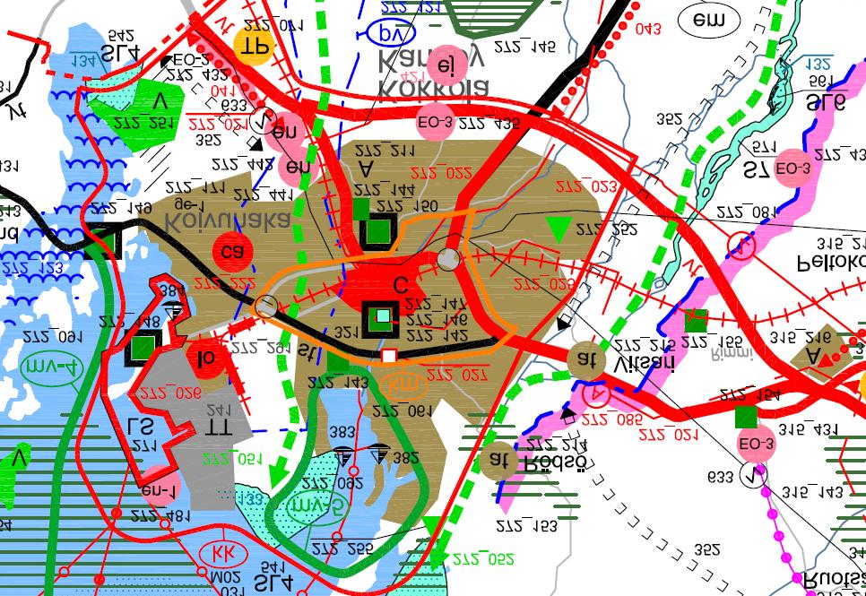 Bild 4. Utdrag ur sammanställningskartan för Mellersta Österbottens landskapsplan, etapplan 3. Generalplanen för innerstaden Planeringsområdet hör till området för Generalplanen för innerstaden.