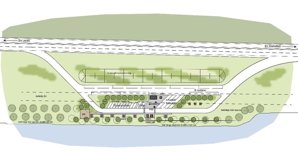 Skiss på möjlig utformning av ny rastplats Ljusvattnet vid E4 i Skellefteå kommun. 3.