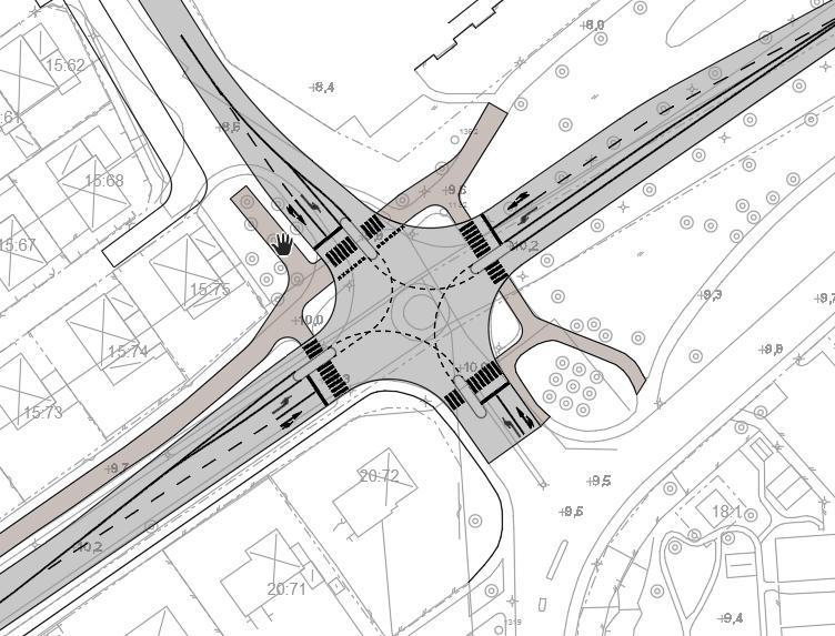 Möjlig utformning av korsning Figur 7 Möjlig utformning av korsning Förkastat förslag cirkulationsplats Cirkulationsplats är ett alternativ till signalreglerad korsning.