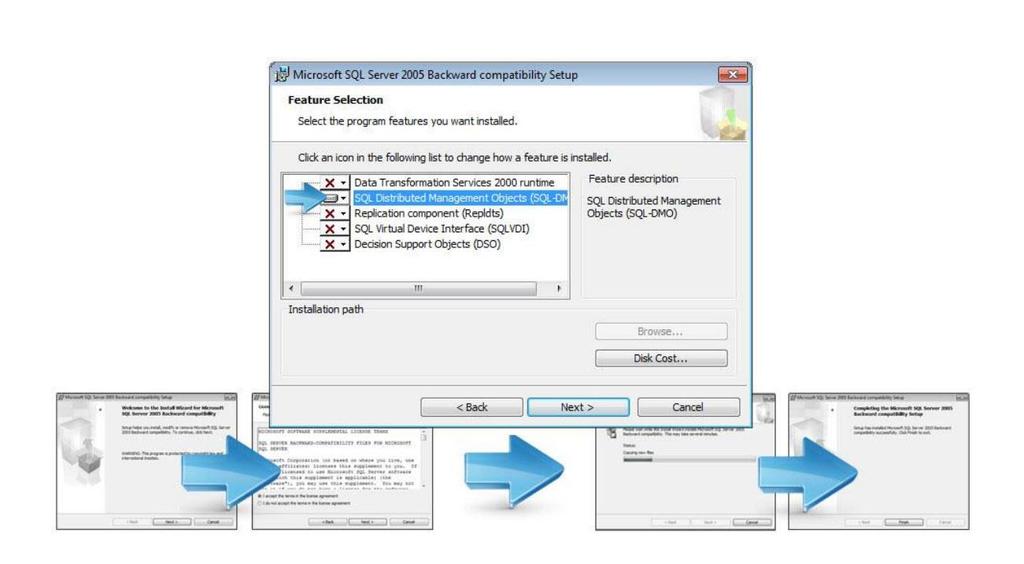 Starta installationen genom att öppna filen SQLServer2005_BC.msi. Klicka dig förbi de första dialogfönstren tills du kommer till fönstret för Feature Selection.