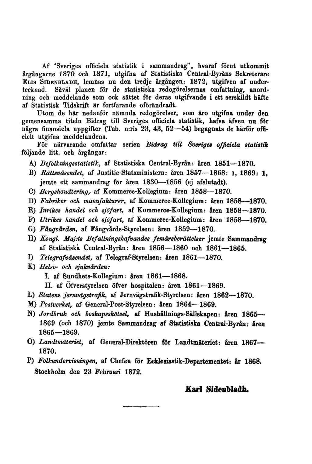 Af "Sveriges officiela statistik i sammandrag", hvaraf förut utkommit årgångarne 1870 och 1871, utgifna af Statistiska Central-Byråns Sekreterare ELIS SIDENBLADH, lemnas nu den tredje årgången: 1872,