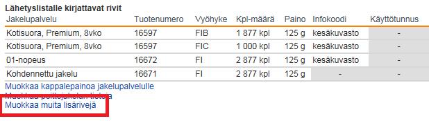 Ändring/borttagning av tilläggs i försändelse som ska utdelas Gå till sidan Jakelukerran ja lähetyserien tiedot