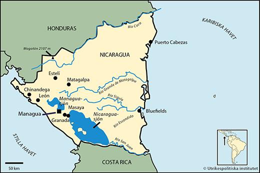 Yta 130 000 km2 (2017) Tid svensk - 7 timmar Angränsande land/länder Honduras, Costa Rica Huvudstad med antal invånare Managua 1 028 000 (uppskattning 2012) Övriga större städer León 201 000, Masaya