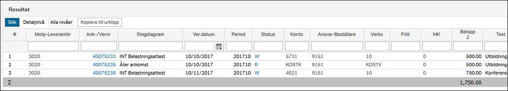 I frågeresultatet kan du bl a se var fakturan befinner sig hos konterare, leveransattest, belastningsattest eller om den är Åter ankomst, dvs avvisad tillbaka till ditt ansvar.