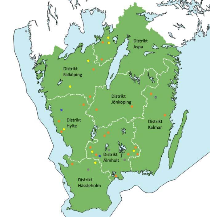 Figur 8. Färgkoder för hur introduktionen till certifieringen upplevdes. Gul mycket tillfredsställande, orange ganska tillfredsställande, grå ganska bristfälligt och blå mycket bristfälligt. 3.