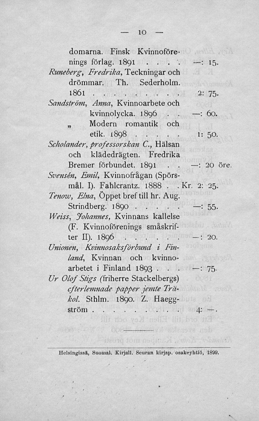 : : : domarna Finsk Kvinnoföreförlag : 1891 15 Runeberg, Fredrika, Teckningar och drömmar Th Sederholm 186 l 2: 75 Sandström, Anna, Kvinnoarbete och kvinnolycka 1896, 60 Modern romantik och etik,