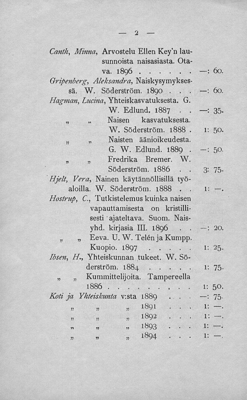 , 1: 31 1: 1- Canth, Minna, Arvostelu Ellen Key'n lausunnoista naisasiasta Ota-, l: Bä, W 3ääerBtröm, 1890 ', 6c>, Hagman, Lucina, Yhteiskasvatuksesta G 35 W Edlund 1887 Naisen kasvatuksesta M