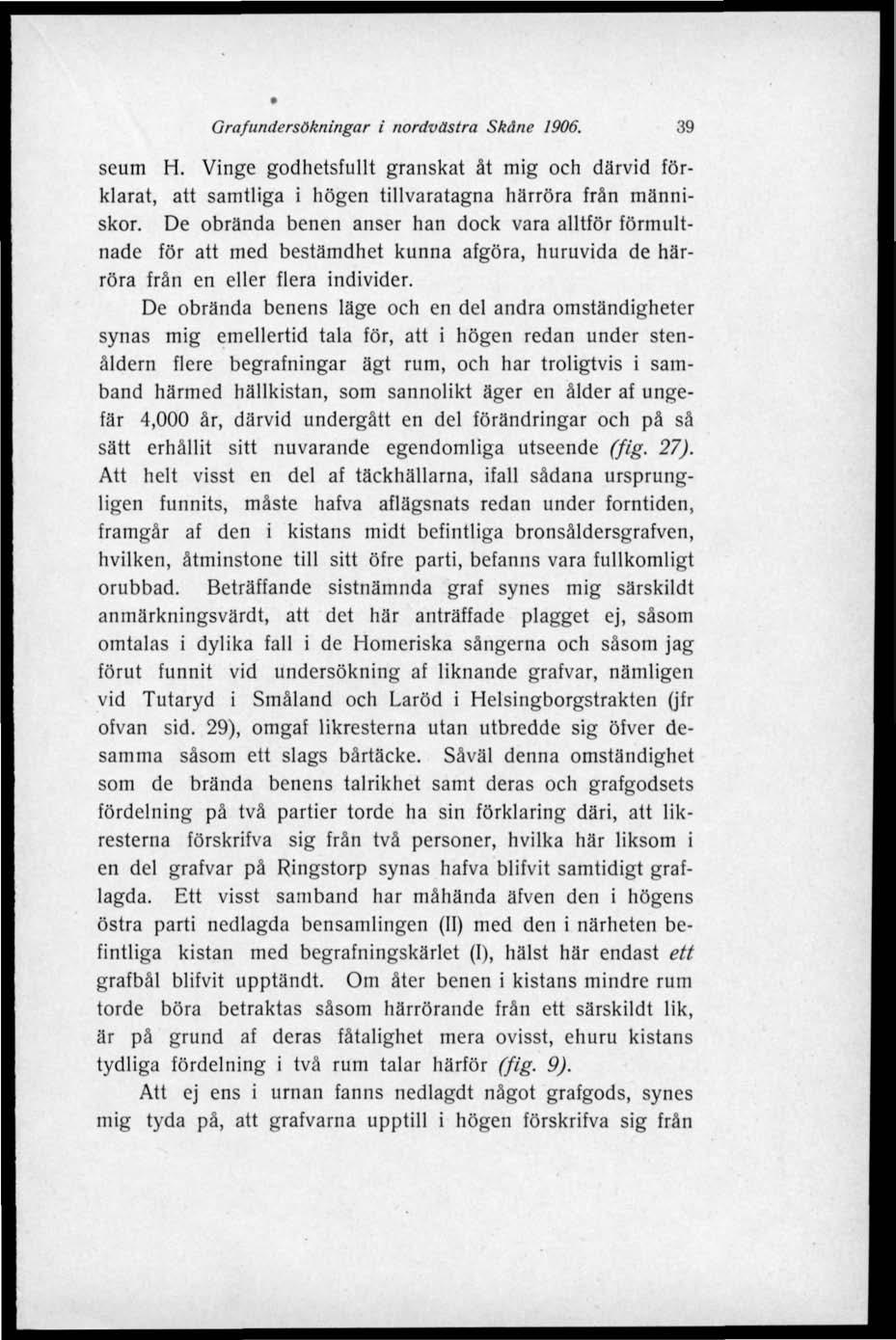 Graf undersökningar i nordvästra Skåne 1906. 39 seum H. Vinge godhctsfullt granskat åt mig och därvid förklarat, att samtliga i högen tillvaratagna härröra frän människor.