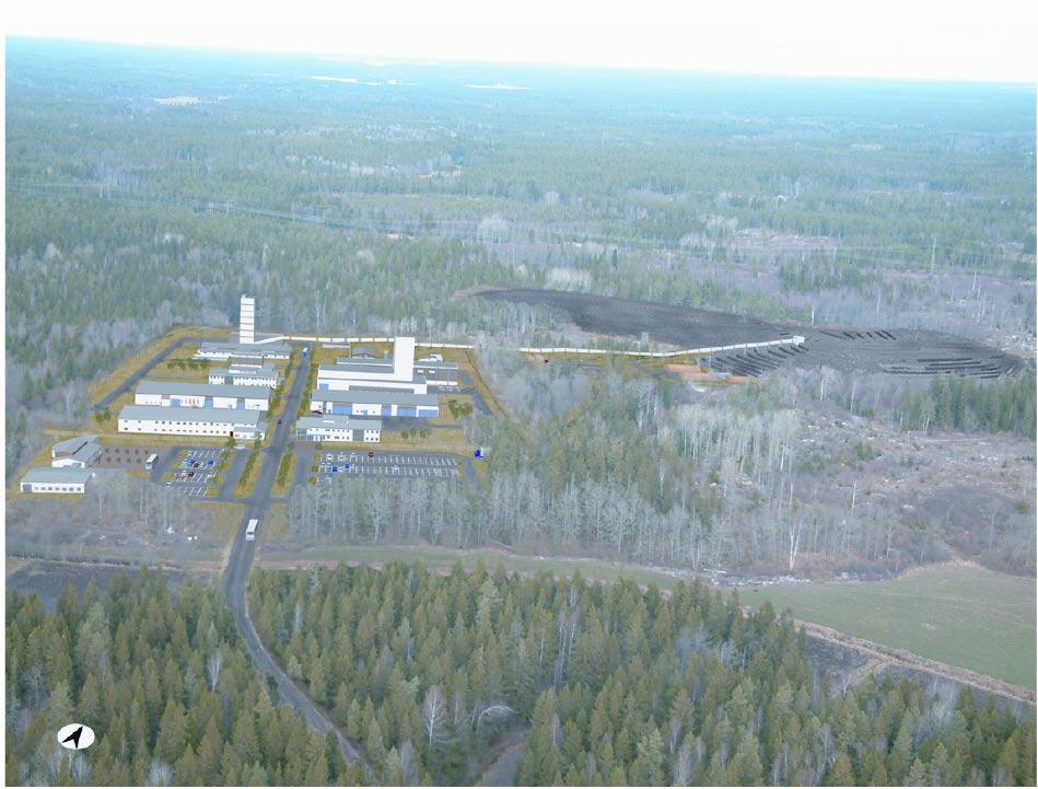 5.1 Förutsättningar för läge Stora Kärr Flygfotot, se figur 5-1, visar läget för slutförvarets driftområde vid Stora Kärr med den föreslagna utformningen redovisad som ett fotomontage.