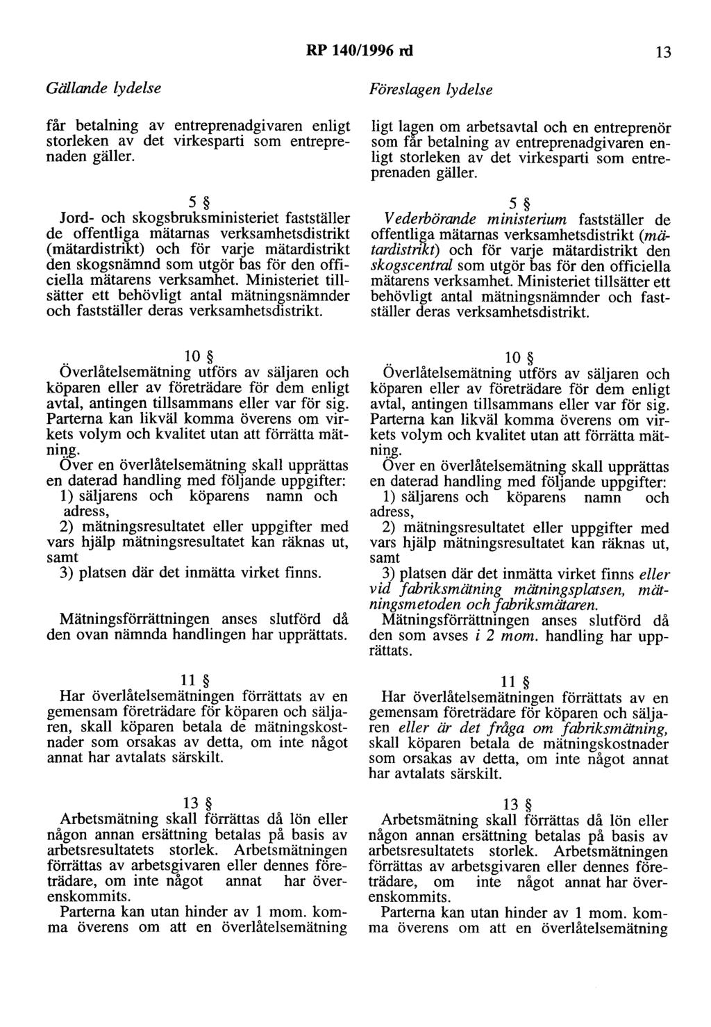 RP 140/1996 rd 13 Gällande lydelse får betalning av entreprenadgivaren enligt storleken av det virkesparti som entreprenaden gäller.