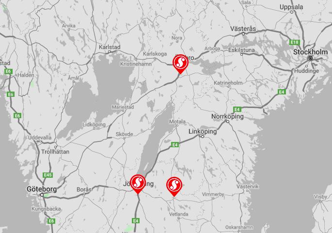 Figur 1.1.2. Bilden visar en karta vart Schur Packs anläggningar ligger i Sverige.