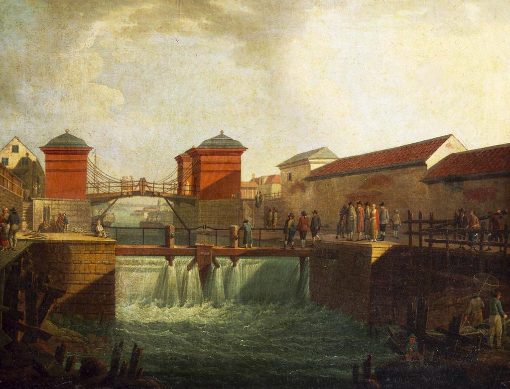 Röda Slussen under kraftig vårflod. Mälarens vattenyta stod då 279 cm över Saltsjöns. Oljemålning av Anders Holm år 1780. Foto: SSM.